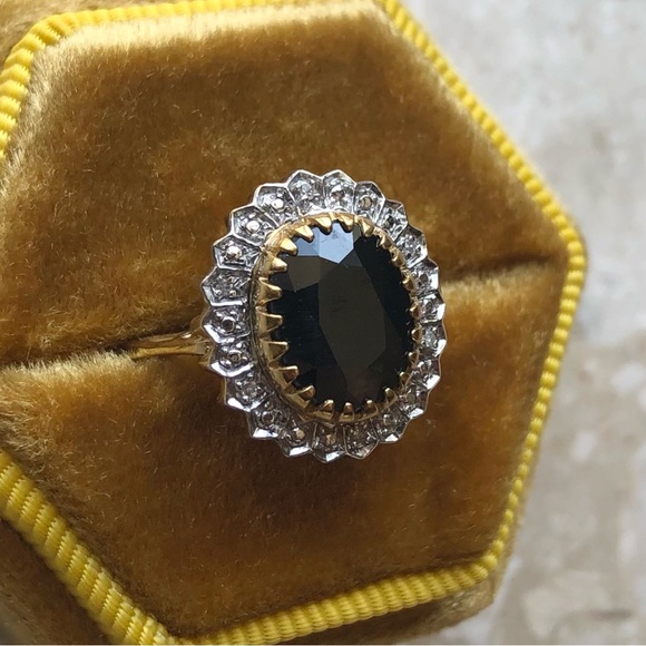 Vintage Sapphire Diamond Halo Yellow Gold Ring - Picture 1 of 11
